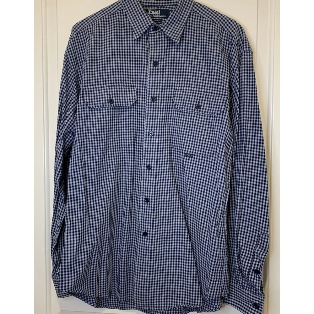 Polo Ralph Lauren Mens GI Shirt L Navy Blue Gingham Check Cotton Button Down